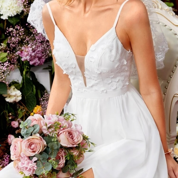 Applique Leaf Embroidery Mesh Insert Split Thigh Chiffon Wedding Dress white - Picture 3 of 7